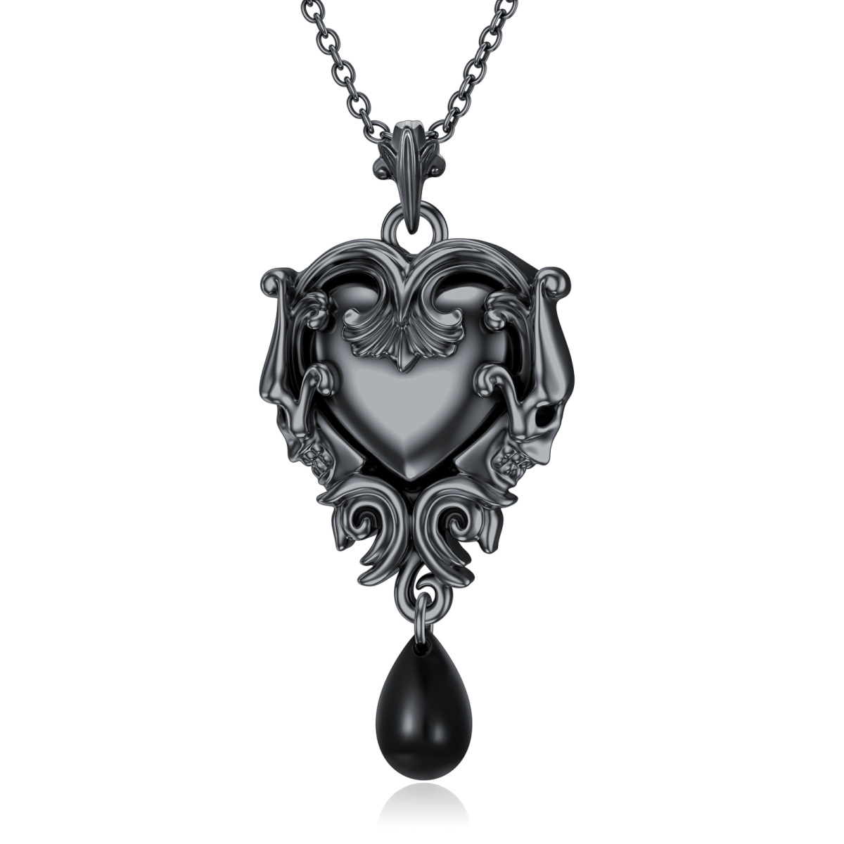 Sterling Silver with Black Rhodium Color Heart & Skull Pendant Necklace-1