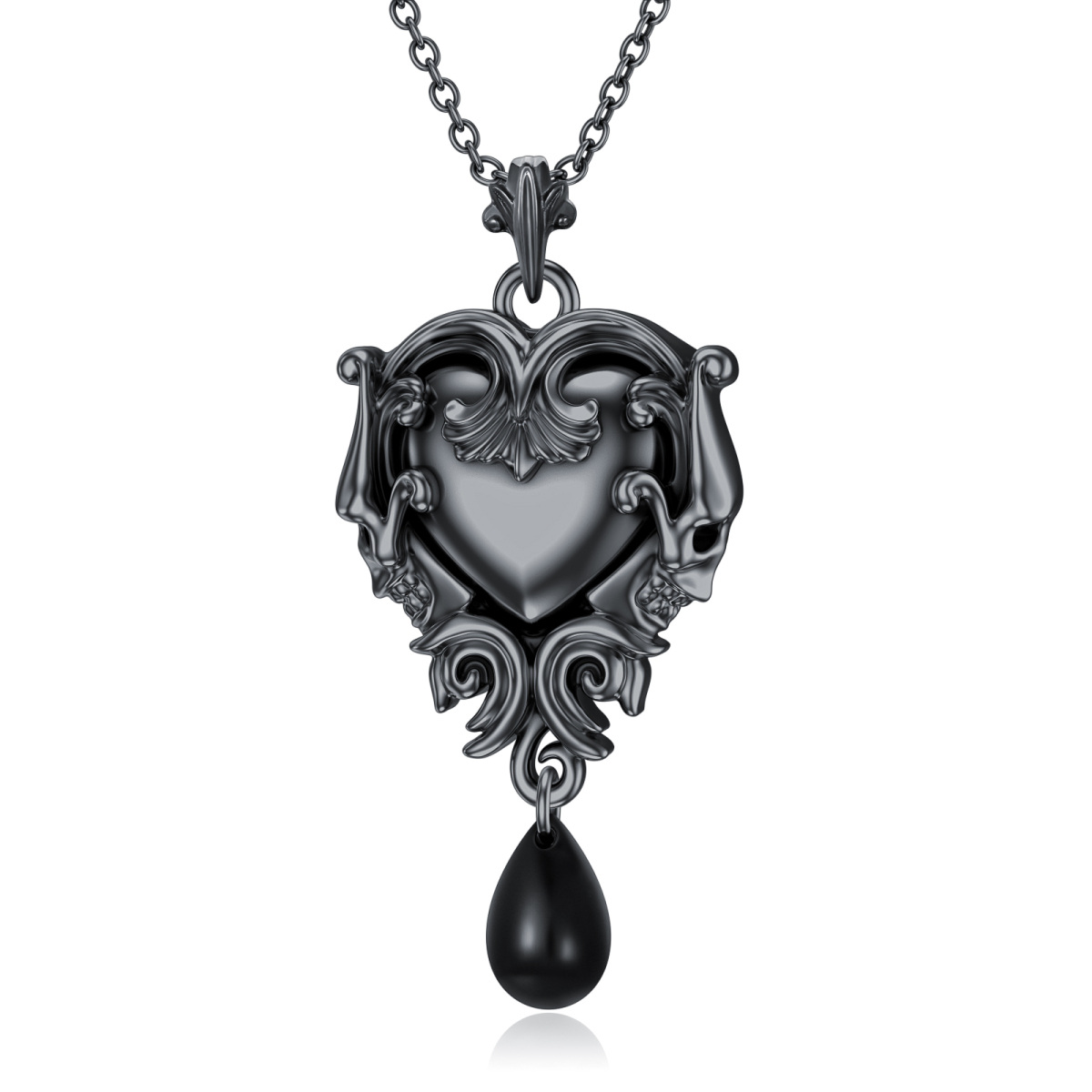 Collier en argent sterling avec pendentif coeur et tête de mort en rhodium noir-1