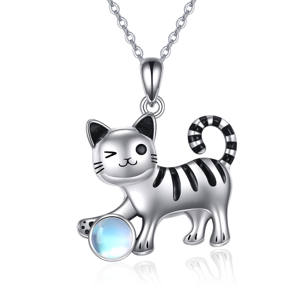 Sterling Silver Round Moonstone Cat Pendant Necklace-1
