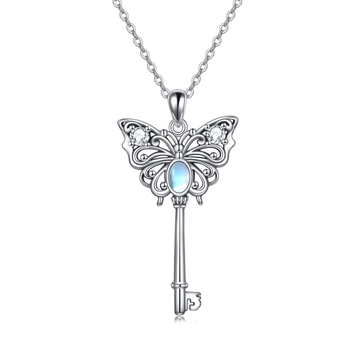 Sterling Silver Cubic Zirconia & Moonstone Butterfly & Key Pendant Necklace-1