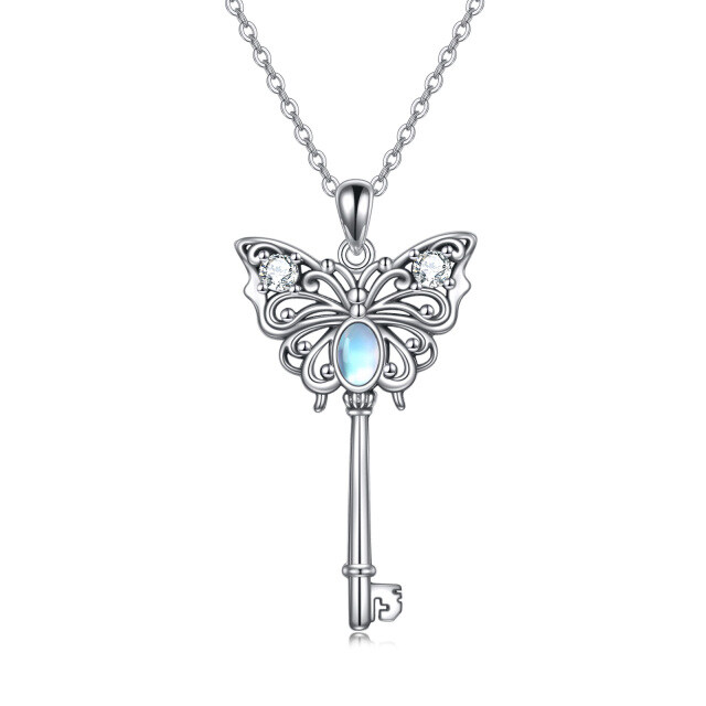 Sterling Silver Cubic Zirconia & Moonstone Butterfly & Key Pendant Necklace-0