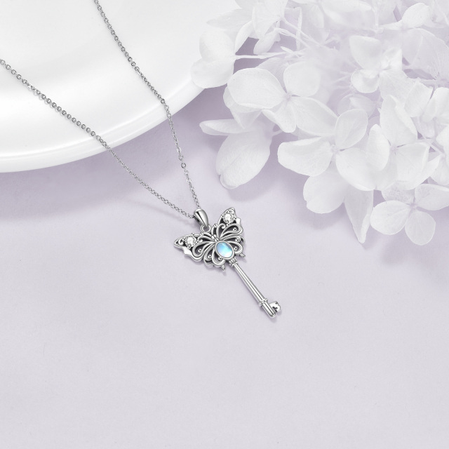 Sterling Silver Cubic Zirconia & Moonstone Butterfly & Key Pendant Necklace-3
