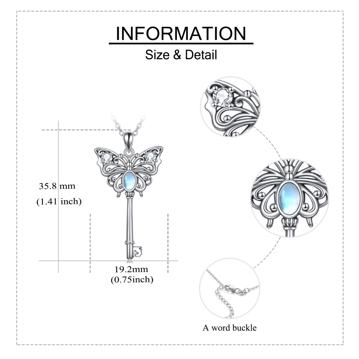 Sterling Silber Cubic Zirkonia & Mondstein Schmetterling & Schlüssel Anhänger Halskette-5