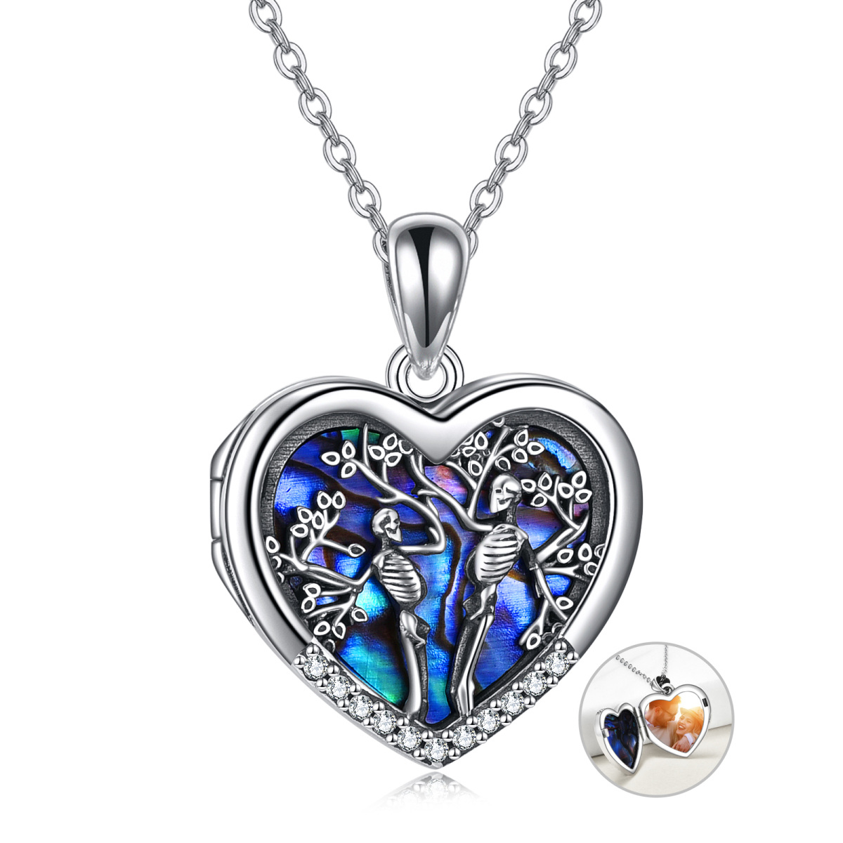 Sterling Silver Abalone Shellfish Tree Of Life & Personalized Photo & Skull Locket Necklace with Engraved Word-1