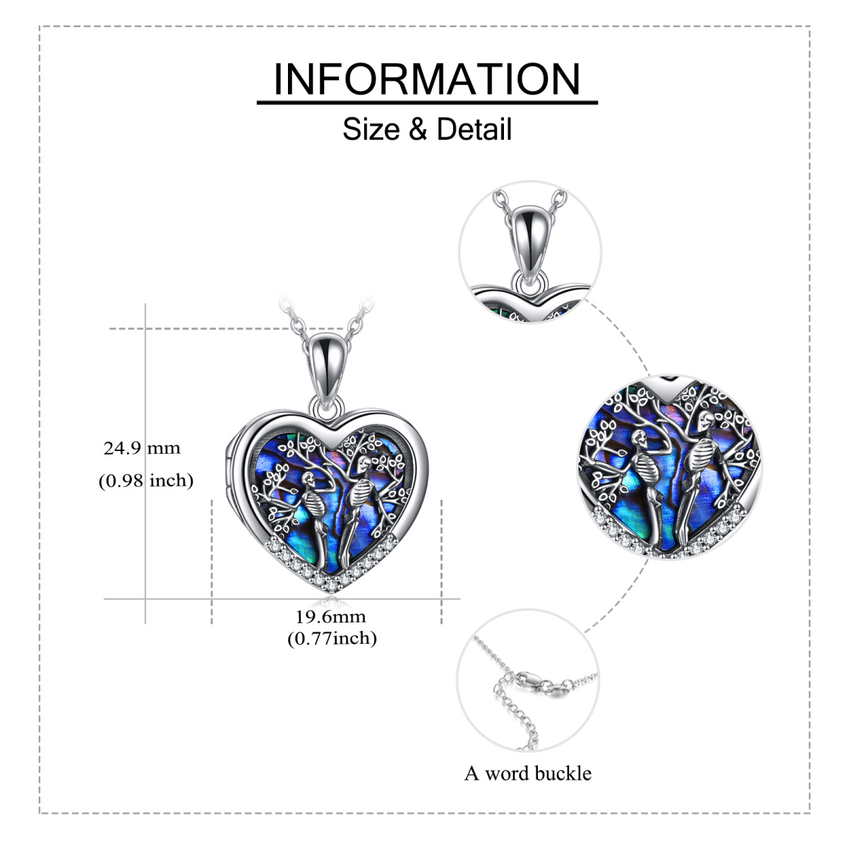 Sterling Silver Abalone Shellfish Tree Of Life & Personalized Photo & Skull Locket Necklace with Engraved Word-5