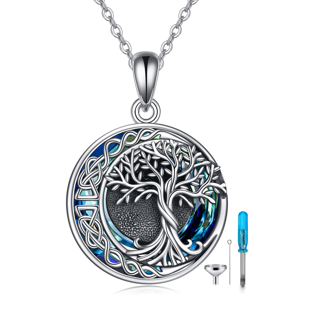 Sterling Silver Circular Shaped Crystal Tree Of Life & Celtic Knot & Round Urn Necklace for Ashes-1