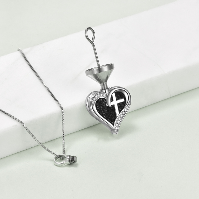 Collar de plata de ley en forma de cruz circular de circonitas y urna de corazón con palab-2
