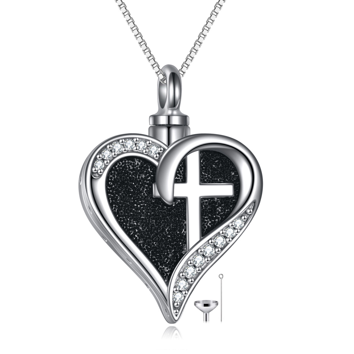 Collar de plata de ley en forma de cruz circular de circonitas y urna de corazón con palab-1