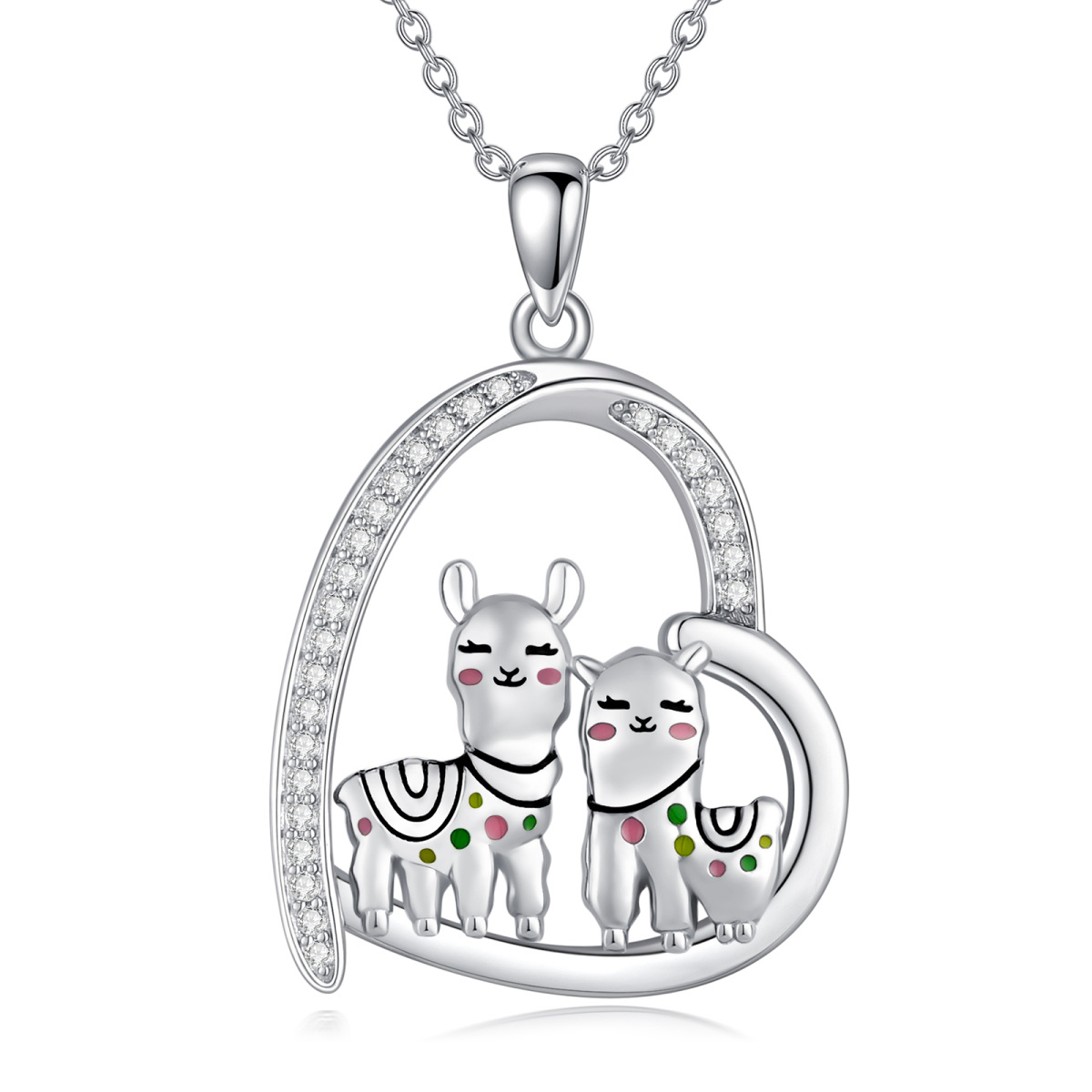 Sterling Silver Circular Shaped Cubic Zirconia Alpaca & Heart Pendant Necklace-1