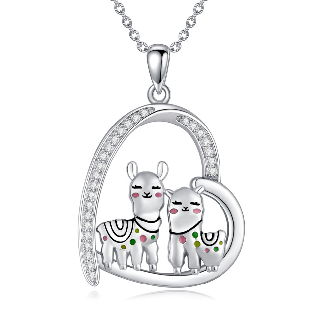 Sterling Silver Circular Shaped Cubic Zirconia Alpaca & Heart Pendant Necklace-2