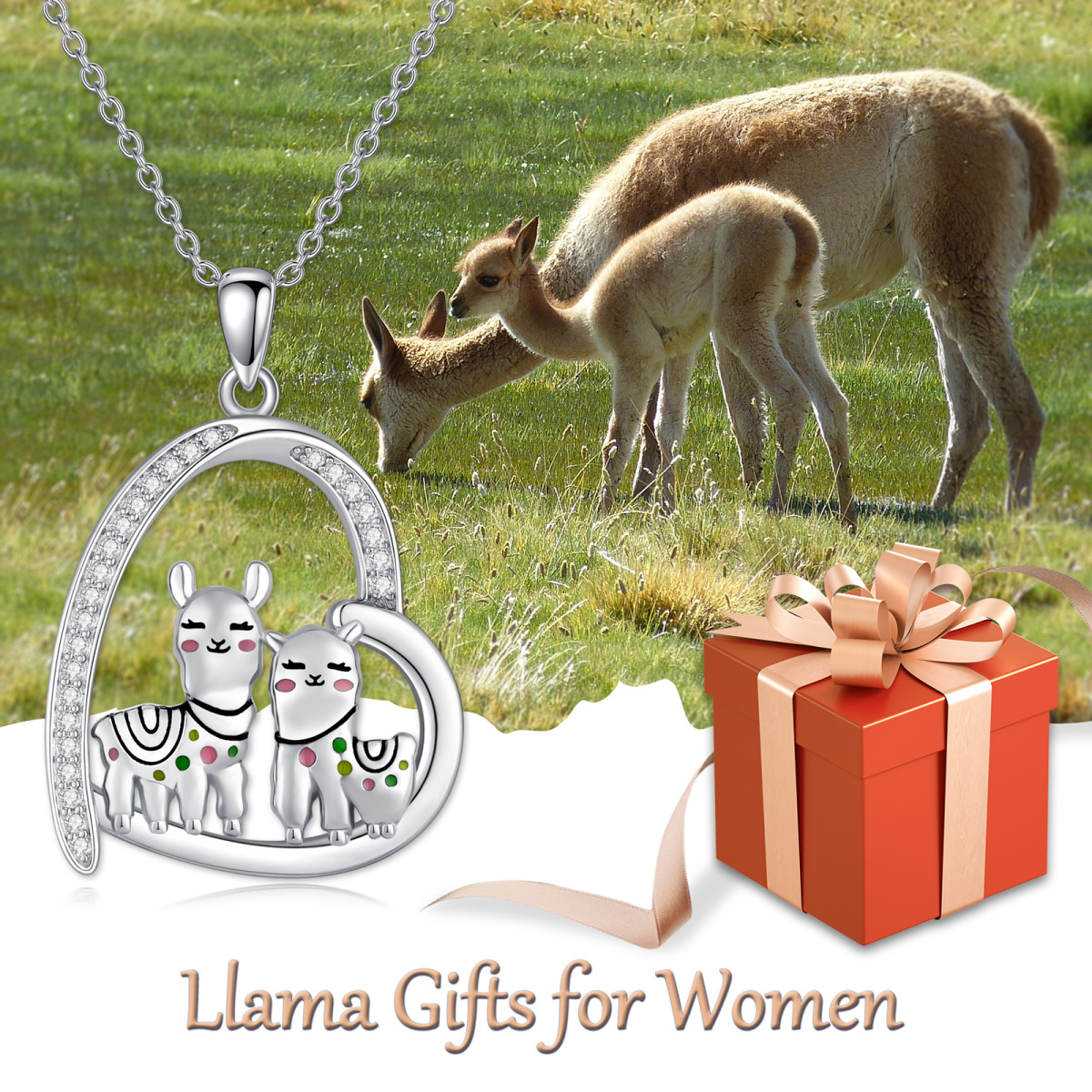 Sterling Silver Circular Shaped Cubic Zirconia Alpaca & Heart Pendant Necklace-6