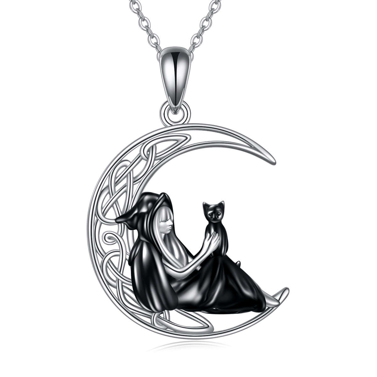 Sterling Silver Cat & Witch Knot Pendant Necklace-1