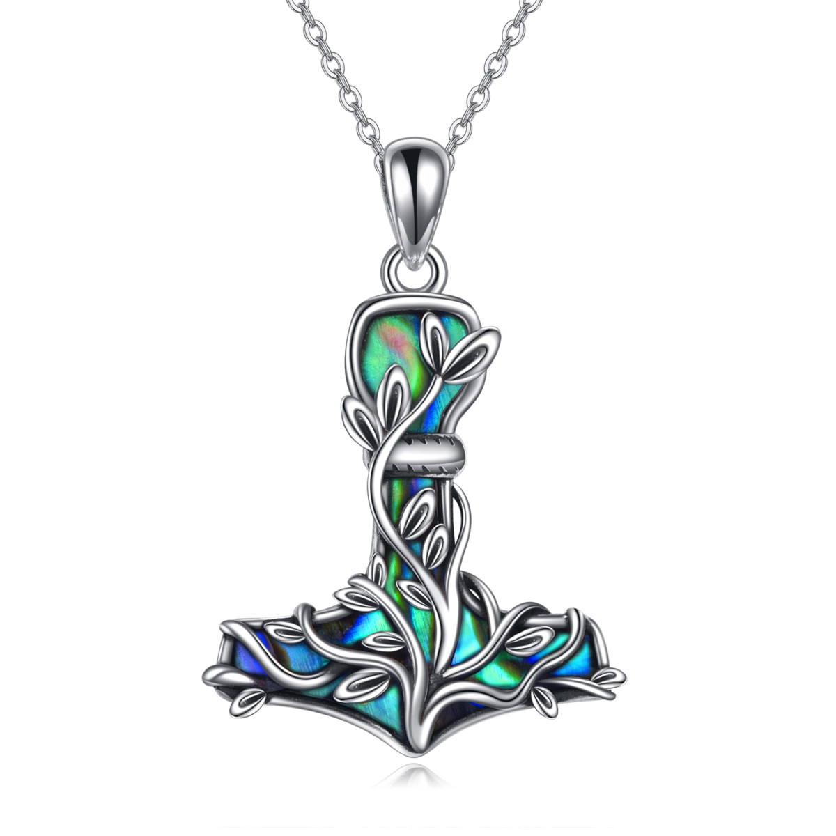 Sterling Silver Abalone Shellfish Tree Of Life & Thor's Hammer Pendant Necklace-1