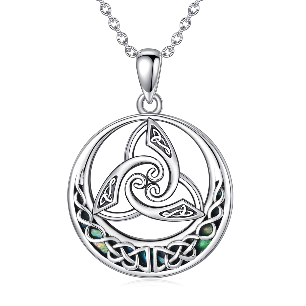 Sterling Silver Round Abalone Shellfish Celtic Knot Circle Pendant Necklace-1