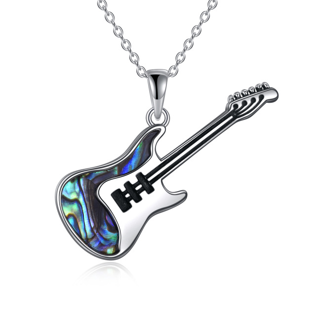 Sterling Silver Abalone Shellfish Guitar Pendant Necklace with Cable Chain-0