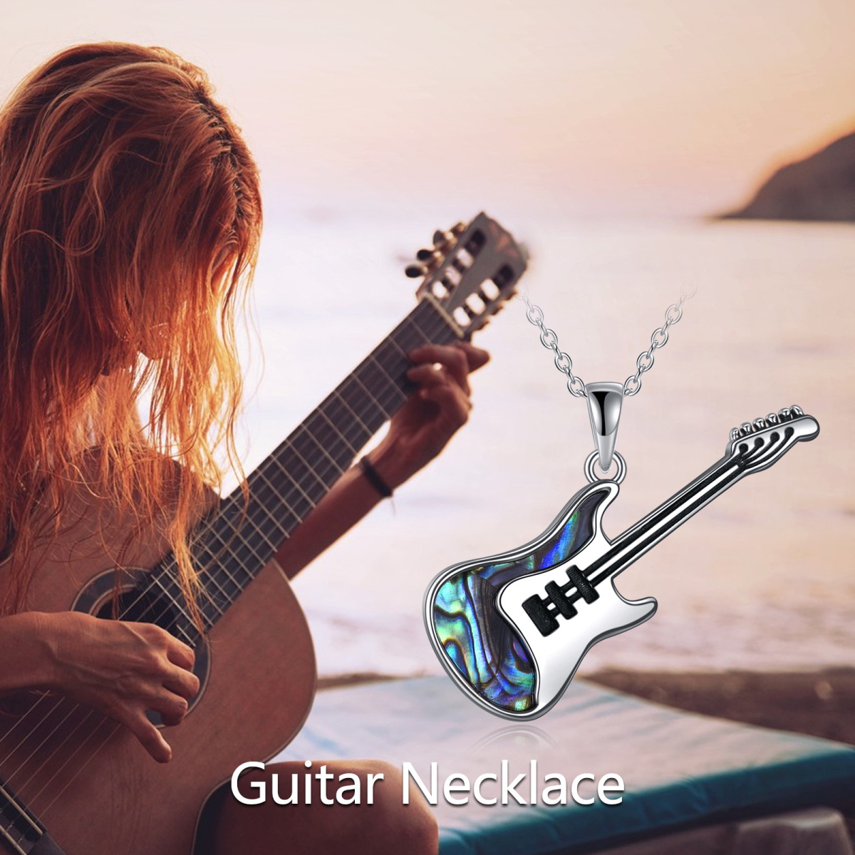 Collar Colgante Guitarra Abalón de Plata de Ley con Cadena de Cable-6
