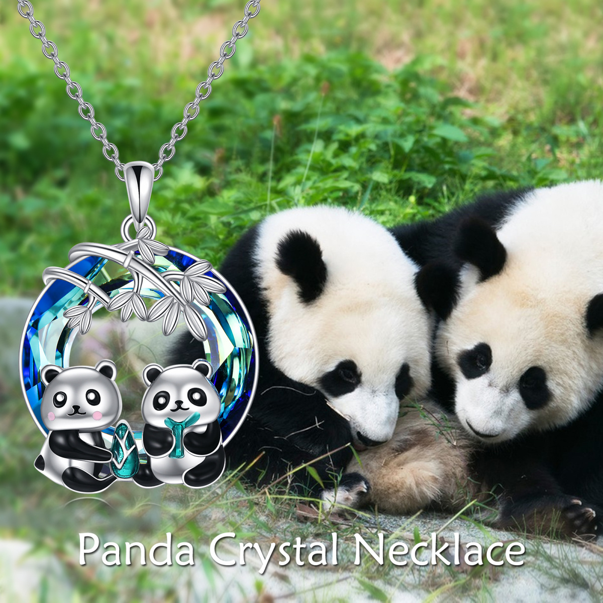 Sterling Silver Panda & Bamboo Crystal Pendant Necklace-4