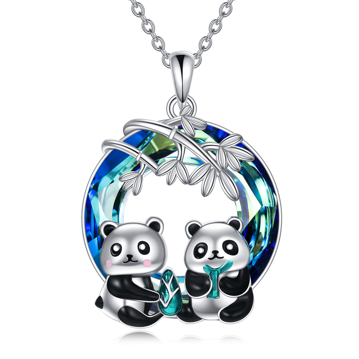 Sterling Silver Panda & Bamboo Crystal Pendant Necklace-1