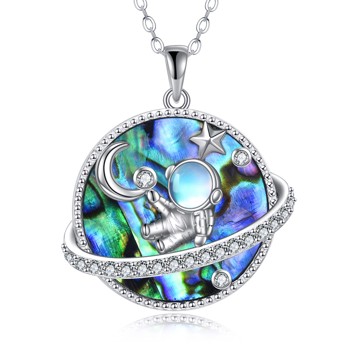 Sterling Silver Circular Shaped Abalone Shellfish Astronaut & Moon & Planet & Star Pendant Necklace-1