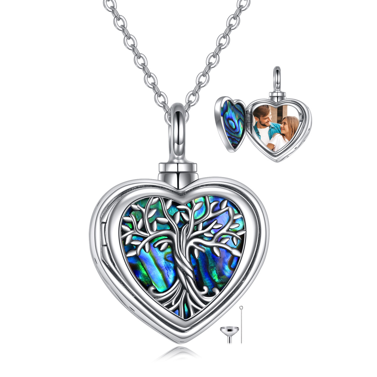 Sterling Silver Abalone Shellfish Personalized Photo & Heart Urn Necklace for Ashes with Engraved Word-1