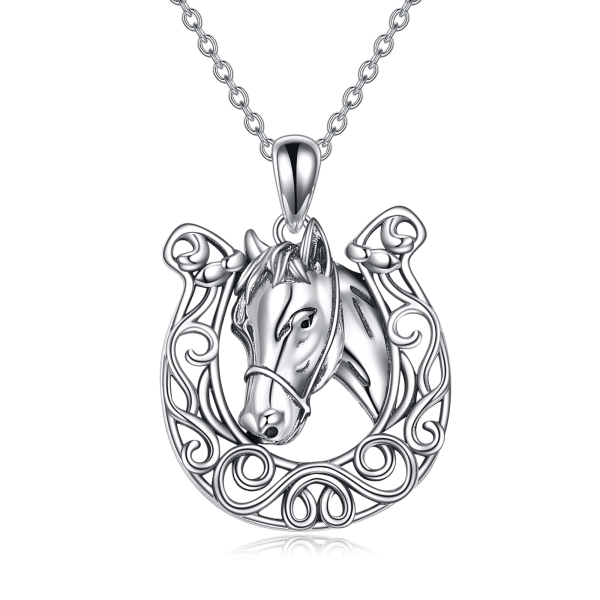 Sterling Silver Horse & Horseshoe Pendant Necklace-1