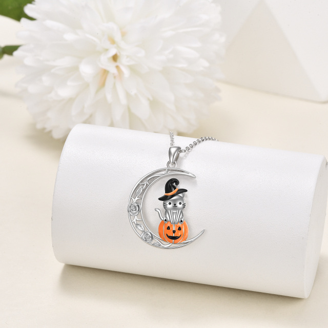 Sterling Silver Cat & Pumpkin & Moon Pendant Necklace-2