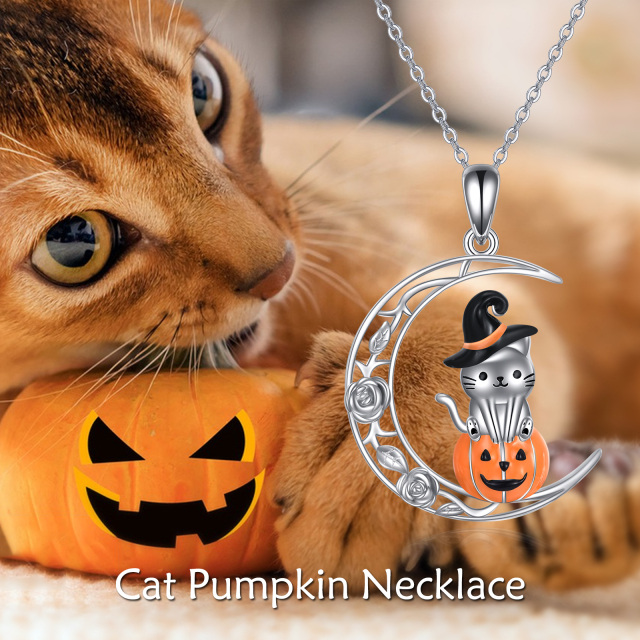 Sterling Silver Cat & Pumpkin & Moon Pendant Necklace-4