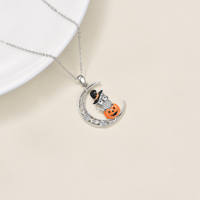 Sterling Silver Cat & Pumpkin & Moon Pendant Necklace-3
