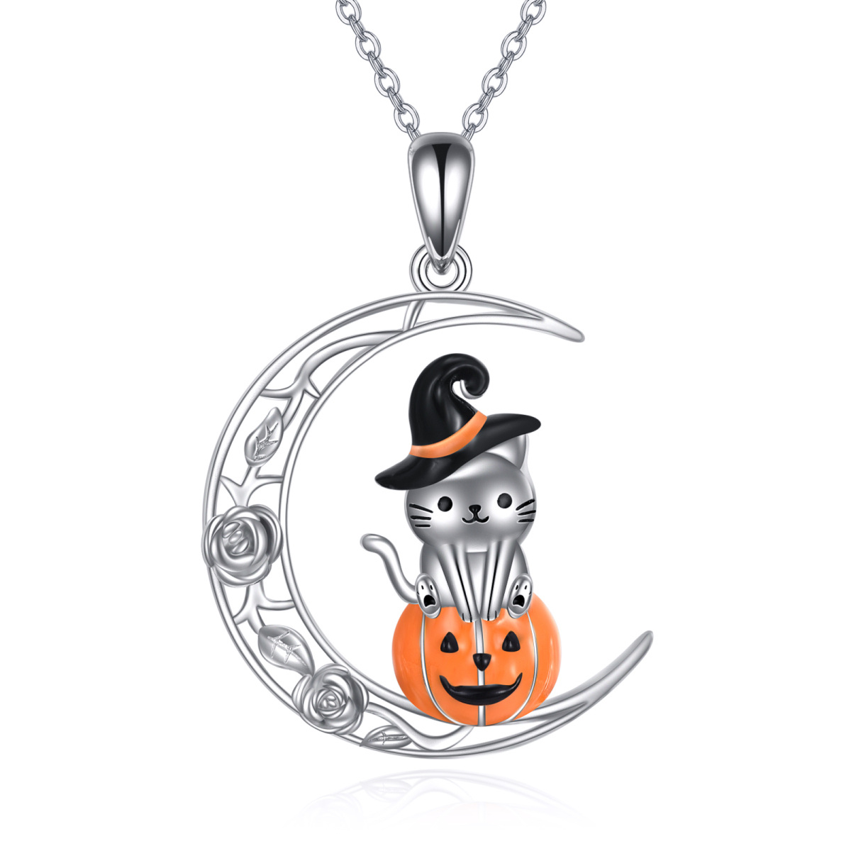 Sterling Silver Cat & Pumpkin & Moon Pendant Necklace-1