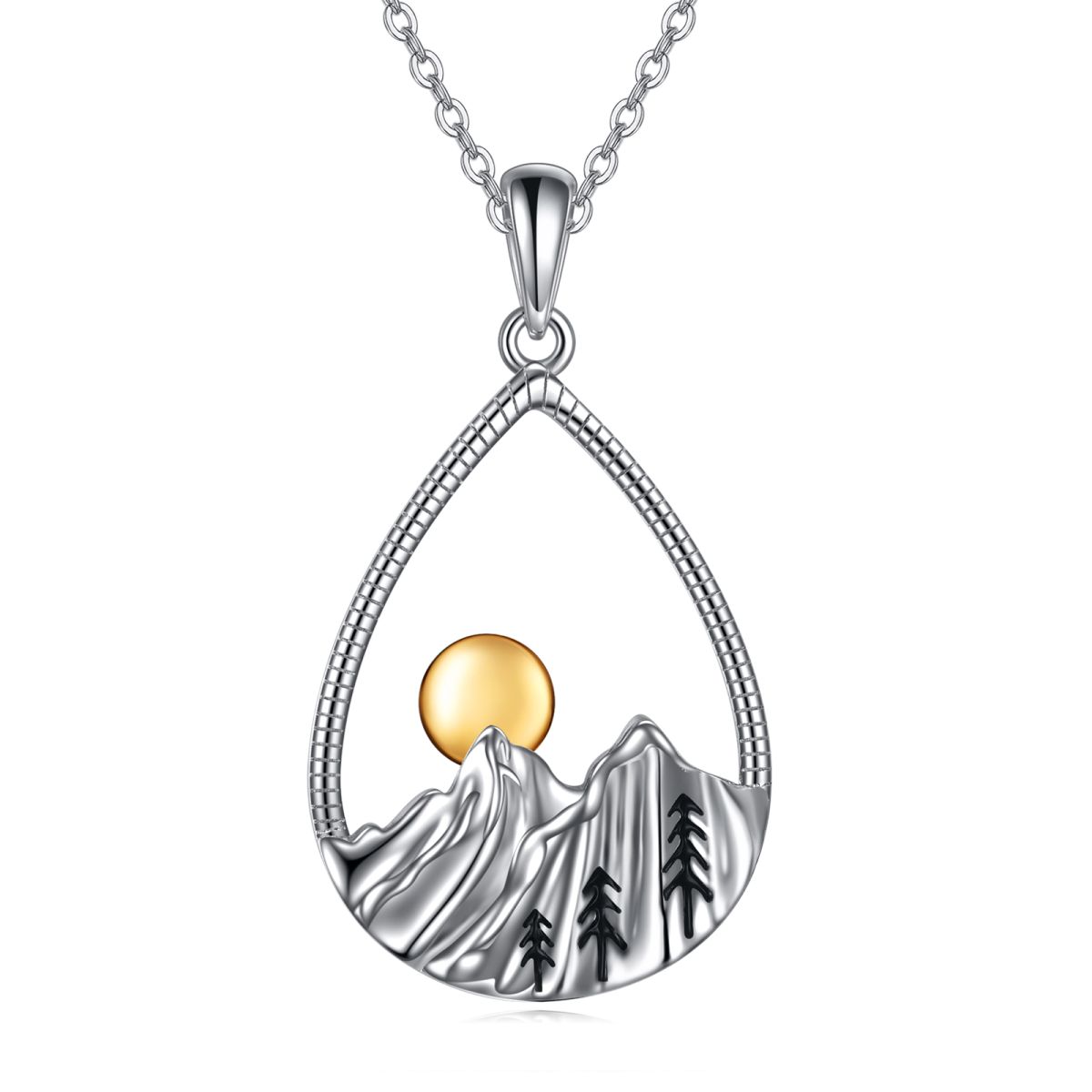 Sterling Silver Two-tone Drop Shape & Mountains & Sun Pendant Necklace-1