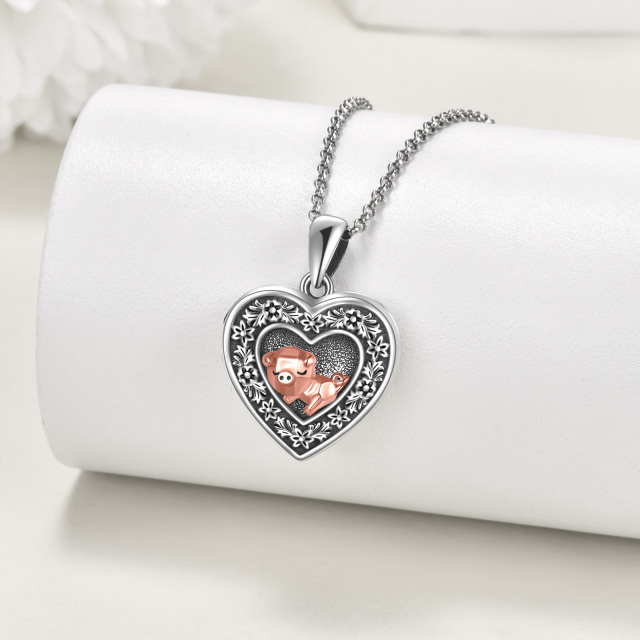 Sterling Silver Heart Shaped Pig Personalized Photo Locket Necklace-3