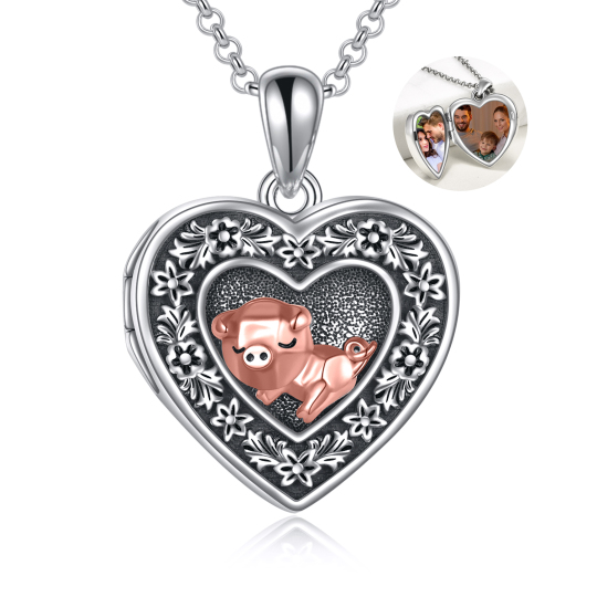 Sterling Silver Heart Shaped Pig Personalized Photo Locket Necklace