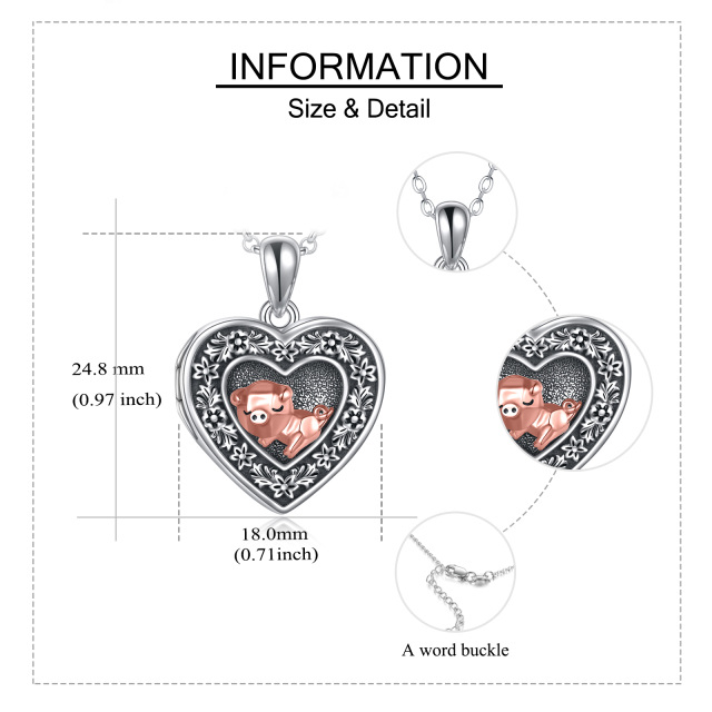Sterling Silver Heart Shaped Pig Personalized Photo Locket Necklace-5