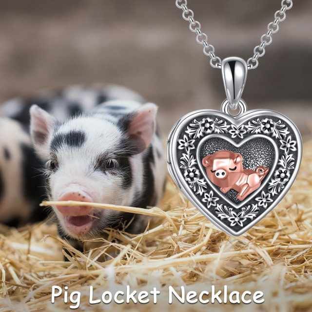 Sterling Silver Heart Shaped Pig Personalized Photo Locket Necklace-6