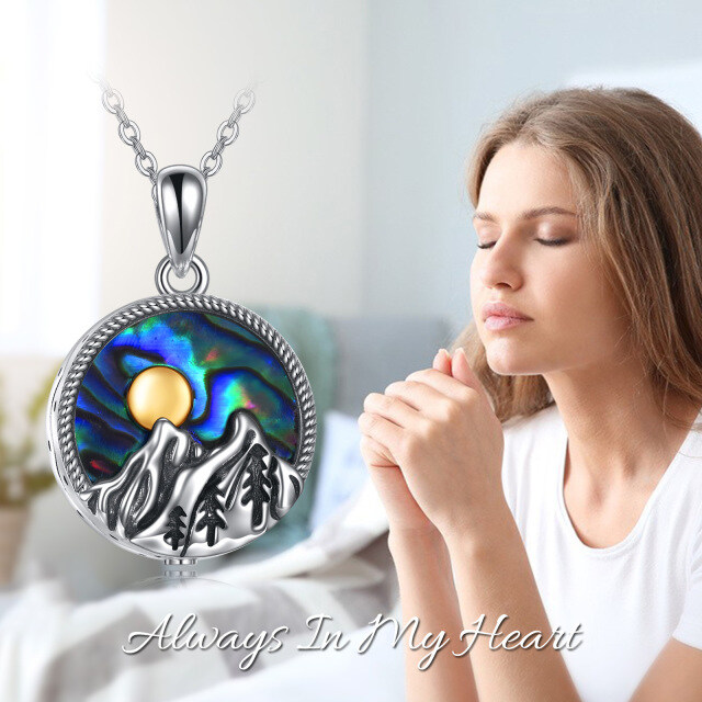 Sterling Silver Two-tone Circular Shaped Abalone Shellfish Mountains Urn Necklace for Ashes with Engraved Word-6