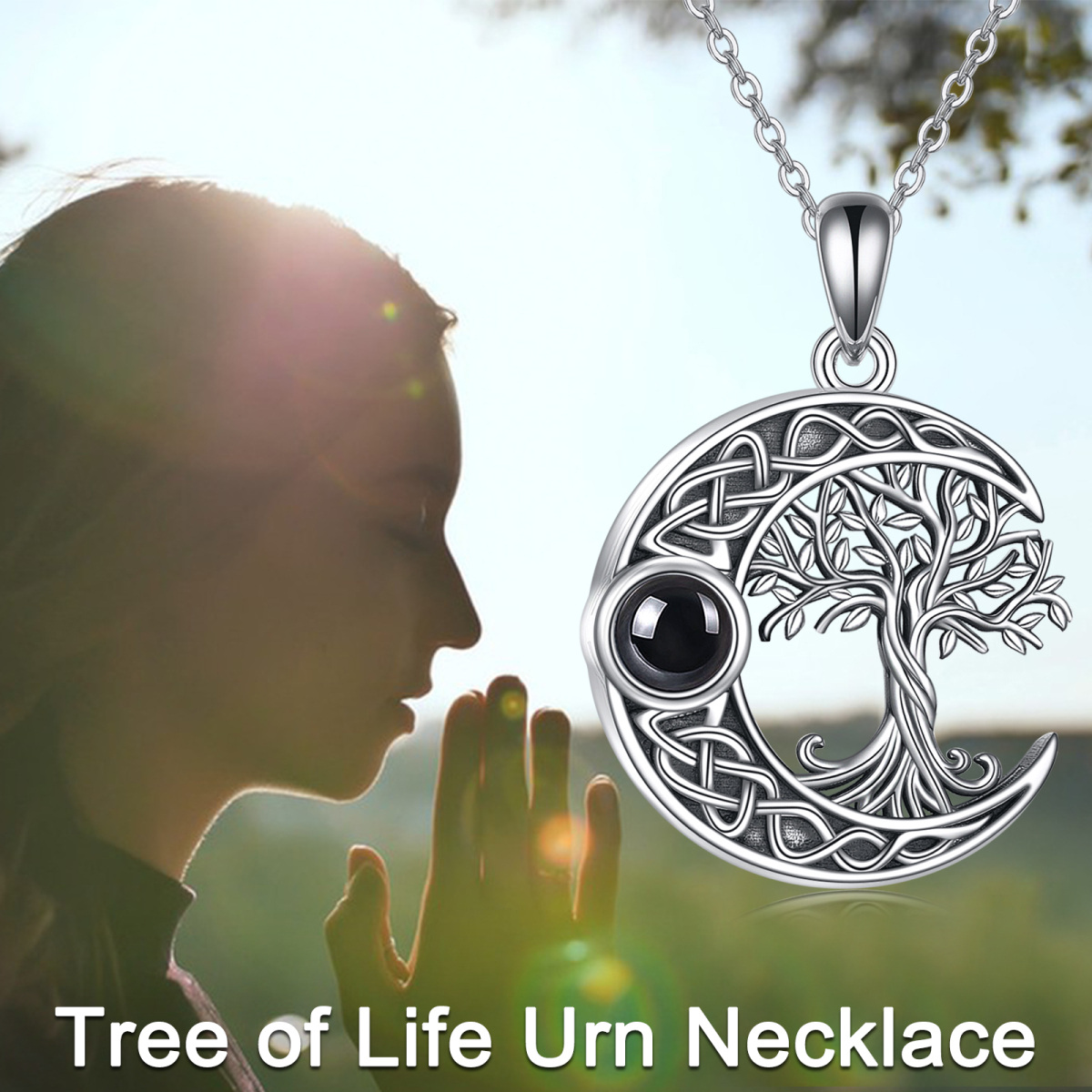 Sterling Silver Circular Shaped Projection Stone Tree Of Life & Celtic Knot & Moon Urn Necklace for Ashes with Engraved Word-4