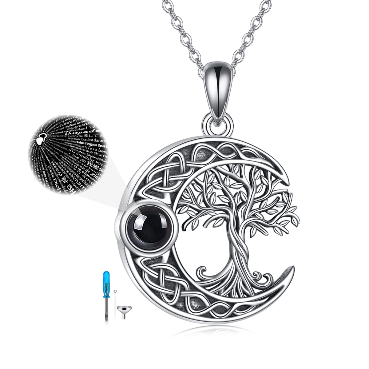 Sterling Silver Circular Shaped Projection Stone Tree Of Life & Celtic Knot & Moon Urn Necklace for Ashes with Engraved Word-1