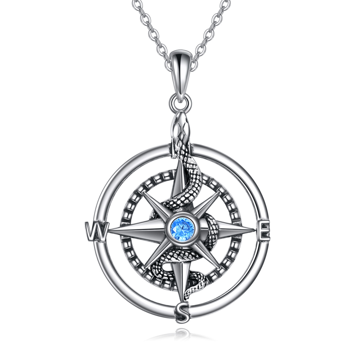 Sterling Silver Circular Shaped Cubic Zirconia Snake & Compass Pendant Necklace-1