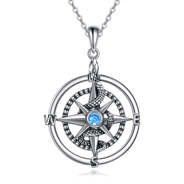 Sterling Silver Circular Shaped Cubic Zirconia Snake & Compass Pendant Necklace-0