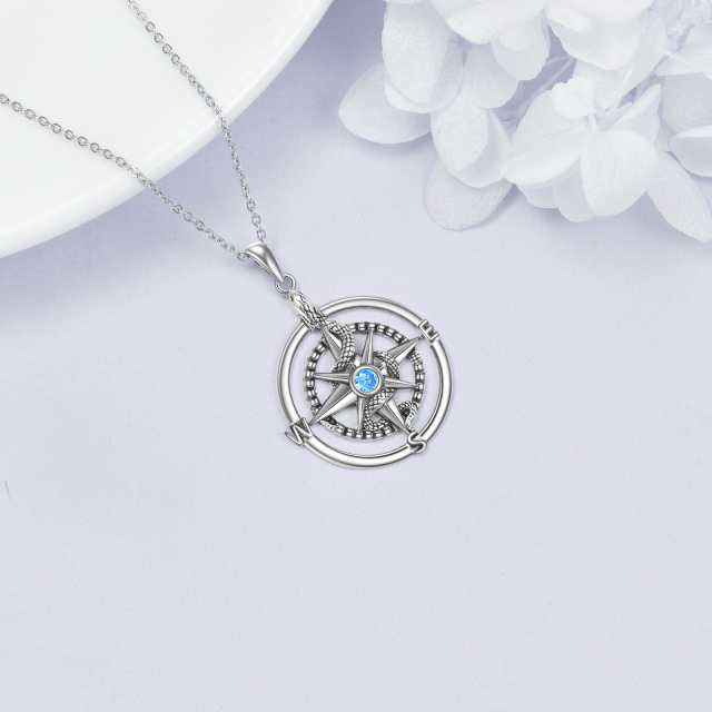 Sterling Silver Circular Shaped Cubic Zirconia Snake & Compass Pendant Necklace-3