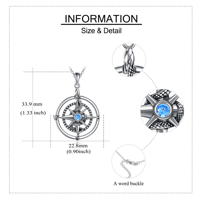 Sterling Silver Circular Shaped Cubic Zirconia Snake & Compass Pendant Necklace-4