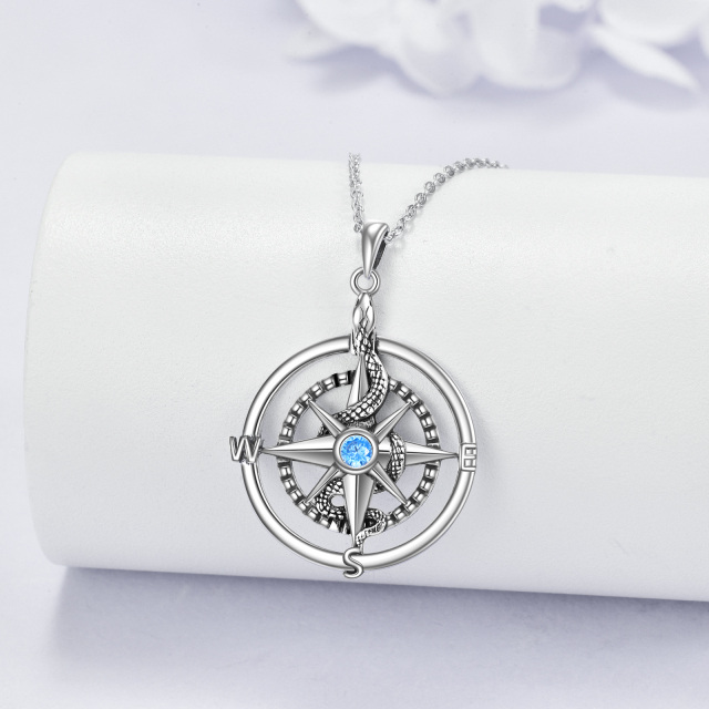 Sterling Silver Circular Shaped Cubic Zirconia Snake & Compass Pendant Necklace-2