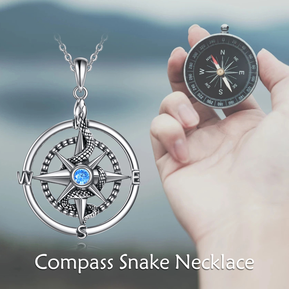 Sterling Silber kreisförmig Cubic Zirkonia Schlange & Kompass Anhänger Halskette-6