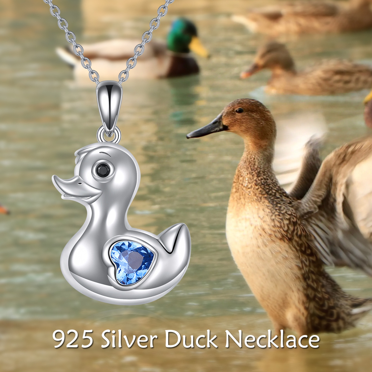 Sterling Silver Heart Shaped Crystal Duck & Heart Pendant Necklace-6