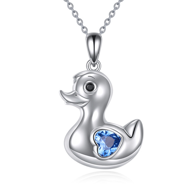 Sterling Silver Heart Shaped Crystal Duck & Heart Pendant Necklace-0