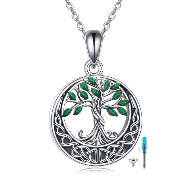 Sterling Silver Tree Of Life with Green leaves Celtic Knot Urn Necklace for Ashes-1