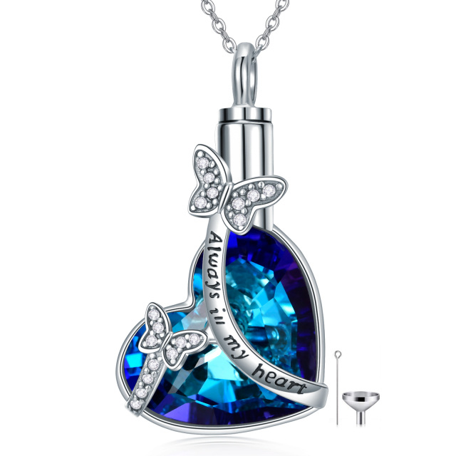 Collier en argent sterling avec mot gravé : papillon en cristal et urne en forme de coeur-0