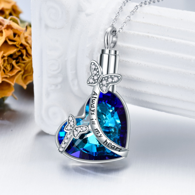 Sterling Silver Heart Crystal Butterfly & Heart Urn Necklace for Ashes with Engraved Word-3