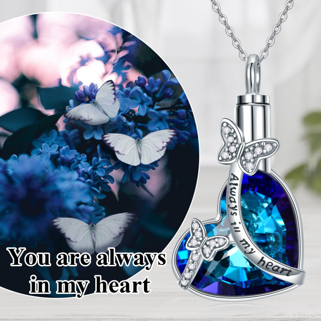 Sterling Silver Heart Crystal Butterfly & Heart Urn Necklace for Ashes with Engraved Word-2