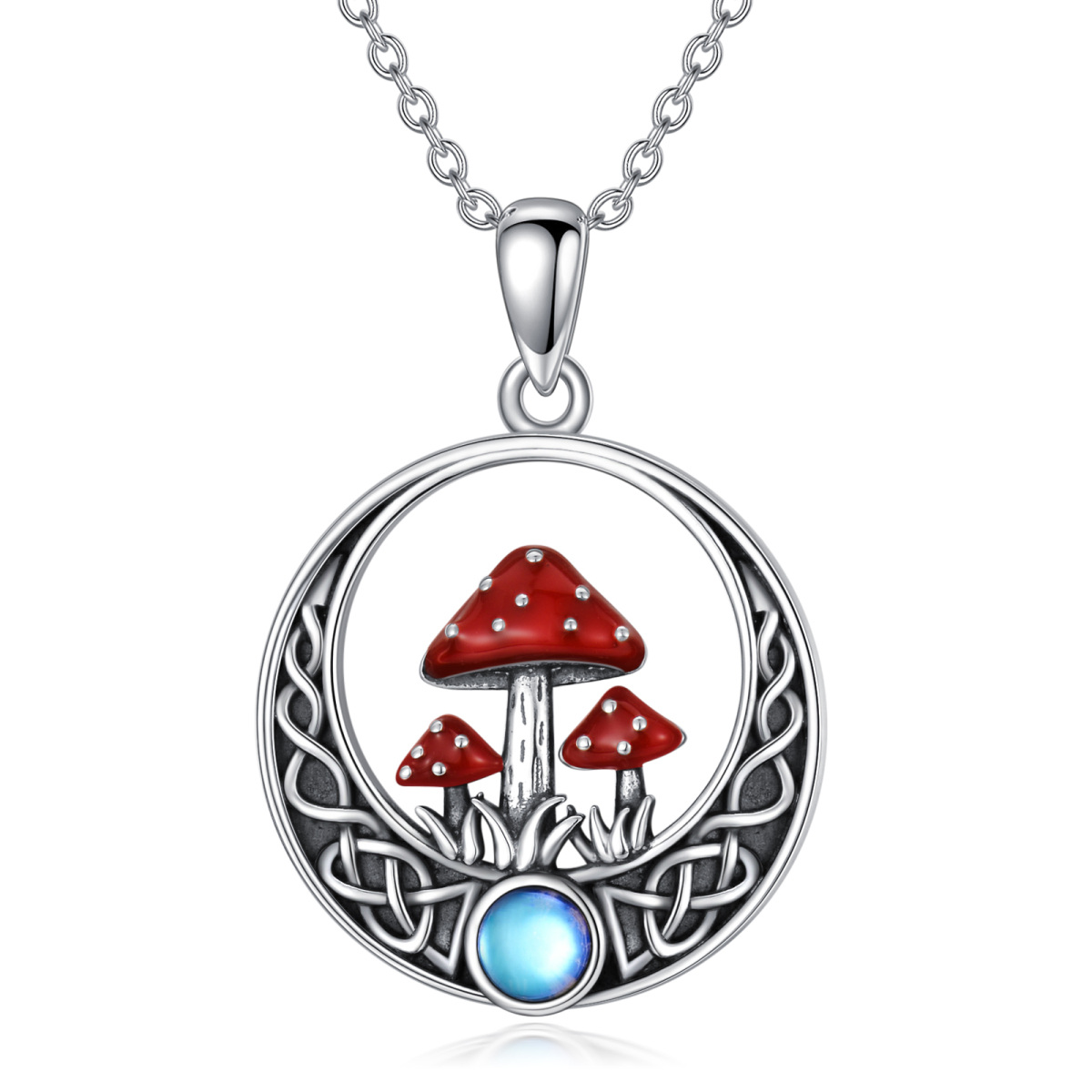 Sterling Silver Moonstone Mushroom & Celtic Knot Pendant Necklace-1